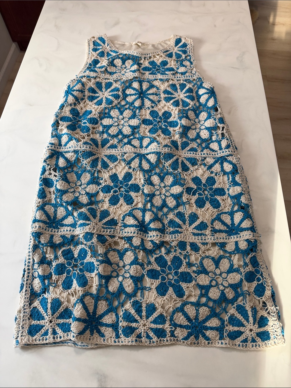 Women‘s Blue Crochet Floral Overlay Dress